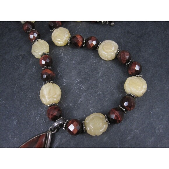 Vintage Sterling Red Tigers Eye Quartz Oriental Necklace - Picture 7 of 8